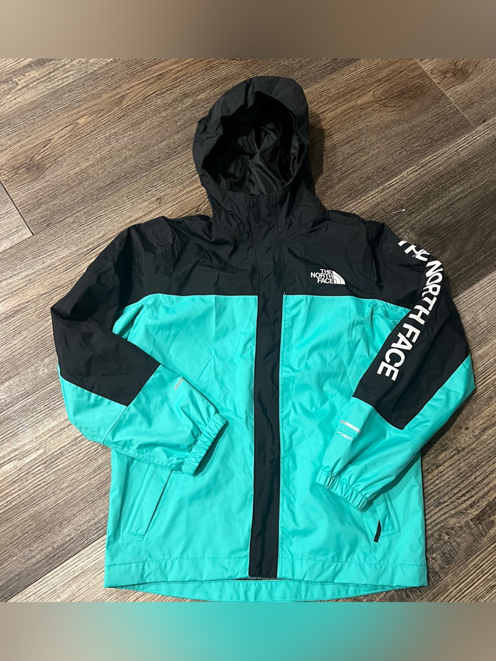 The North Face Boys Medium 10 Teal Black Hooded Windbreaker Rain Jacket